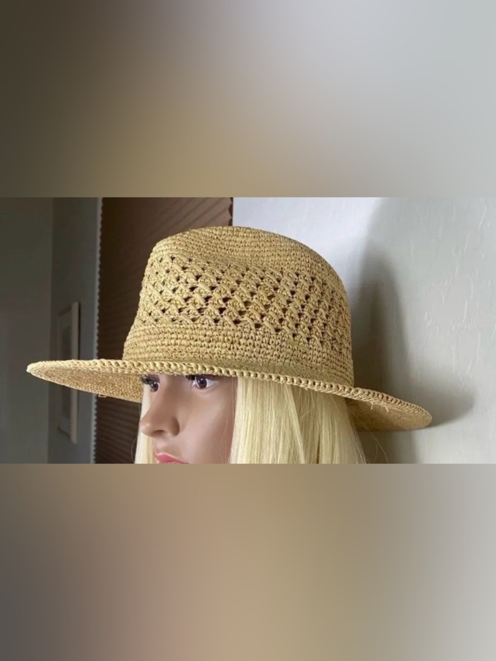 Straw Crochet Wide-Brim Sun Hat - Beige